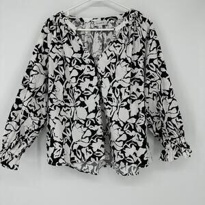 Evereve Blouse Womens Large Black White Floral Long Sleeve Smocked Cuff Top